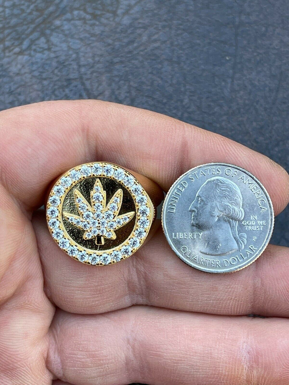 Italiano Silver, Inc 14k Gold and Solid 925 Sterling Silver Iced Weed Marijuana Leaf Ring Flooded Out