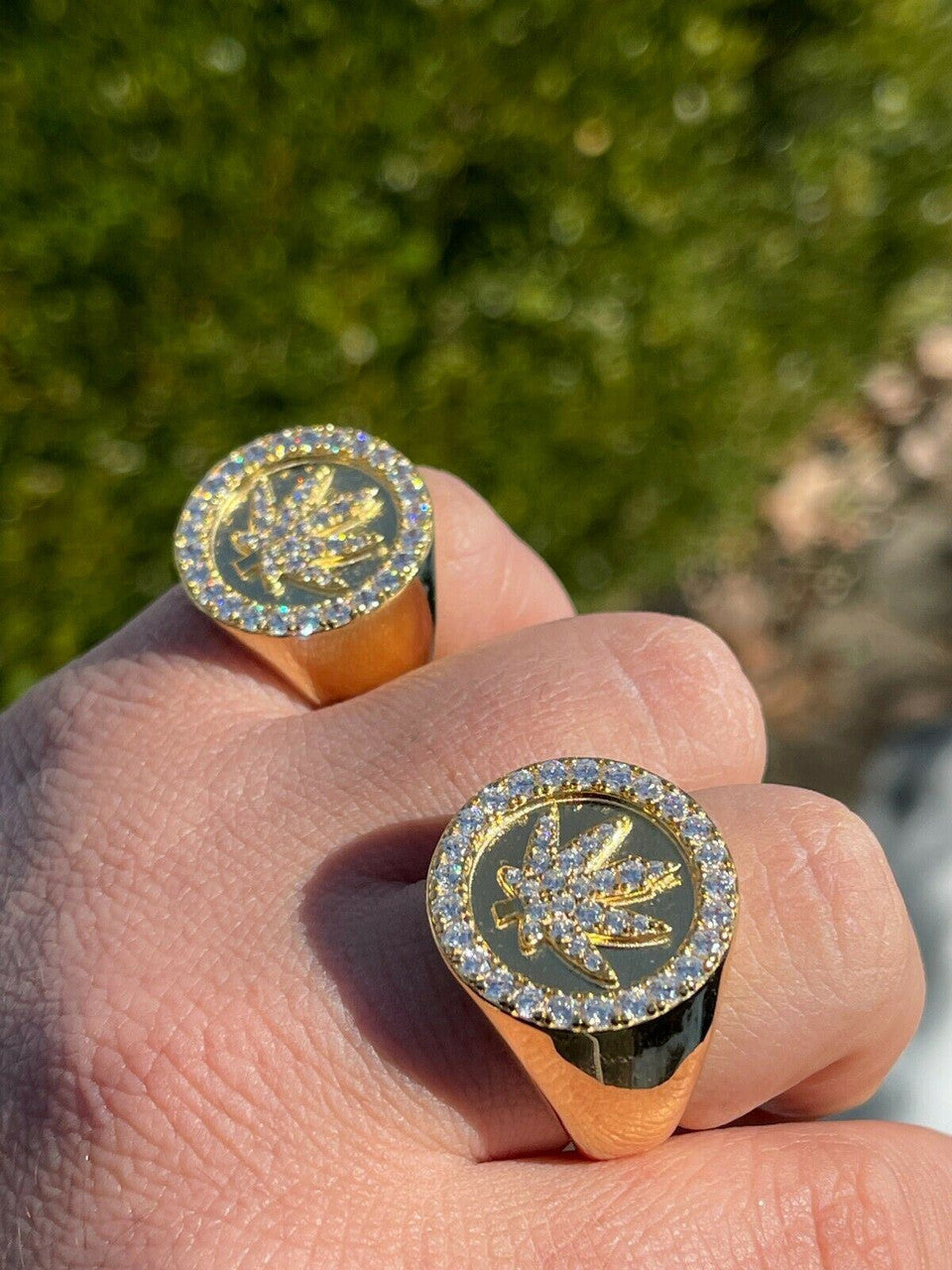 Italiano Silver, Inc 14k Gold and Solid 925 Sterling Silver Iced Weed Marijuana Leaf Ring Flooded Out