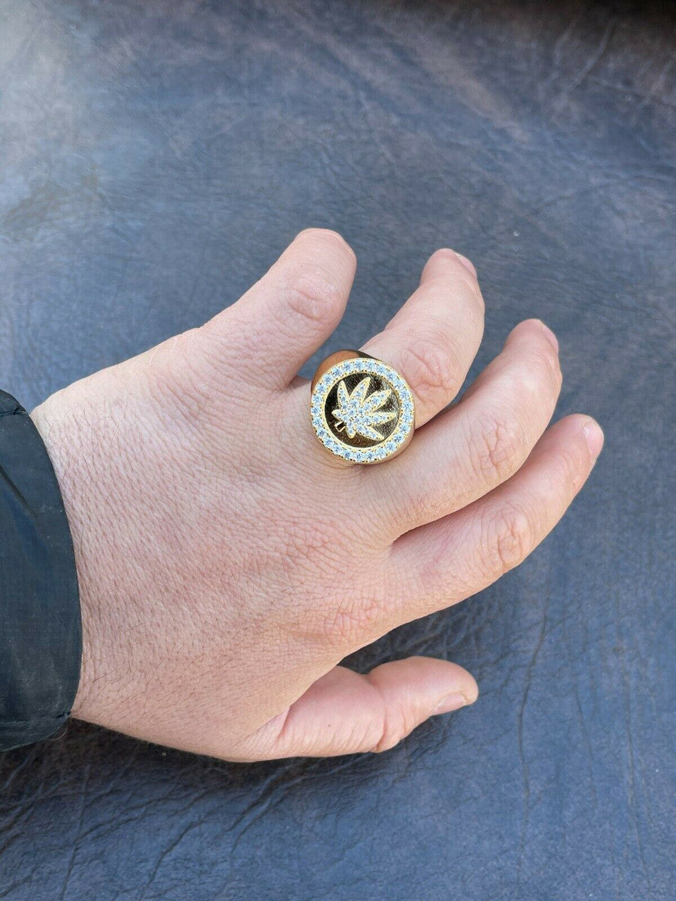 14k Gold & Solid 925 Sterling Silver Iced Weed Marijuana Leaf Ring