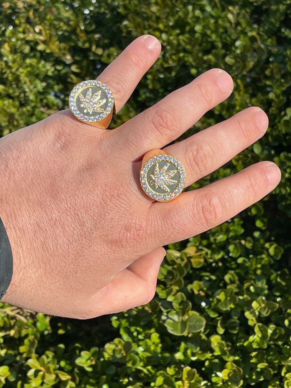 Italiano Silver, Inc 14k Gold and Solid 925 Sterling Silver Iced Weed Marijuana Leaf Ring Flooded Out