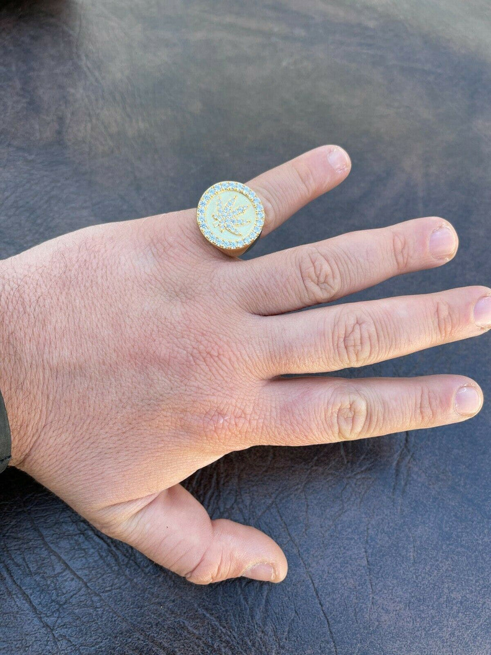 Italiano Silver, Inc 14k Gold and Solid 925 Sterling Silver Iced Weed Marijuana Leaf Ring Flooded Out