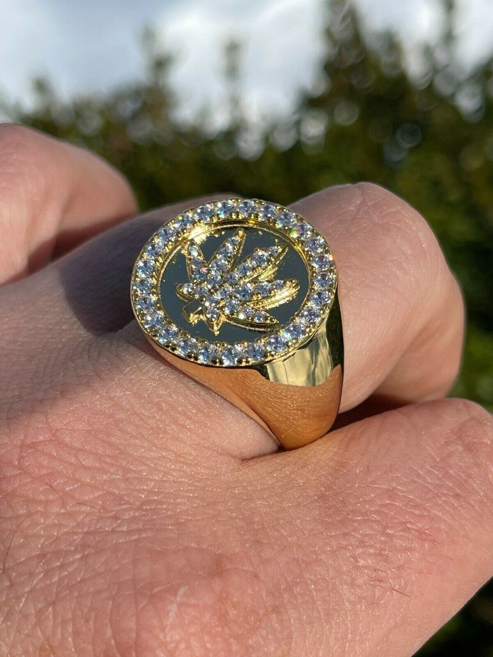 Italiano Silver, Inc 14k Gold and Solid 925 Sterling Silver Iced Weed Marijuana Leaf Ring Flooded Out