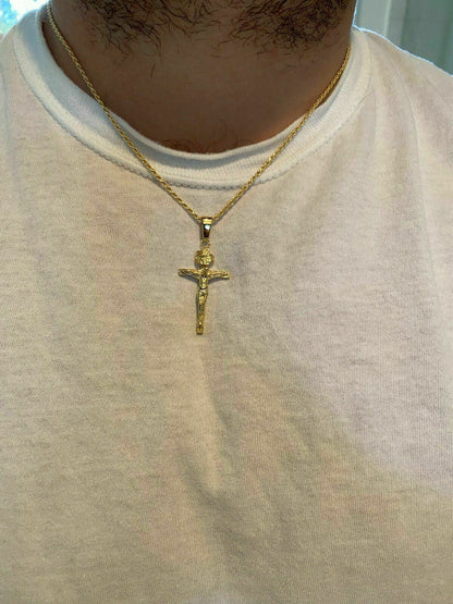 Italiano Silver, Inc 14k Gold Over Real Solid 925 Silver Cross Jesus Piece Crucifix Pendant Necklace