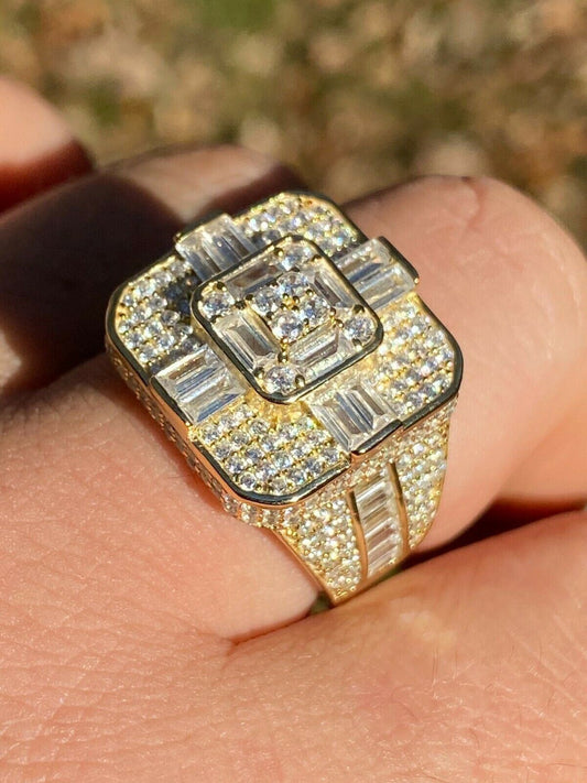 Italiano Silver, Inc 14k Gold Over Real Solid 925 Silver Mens Baguette Diamond Cross Ring Hip Hop
