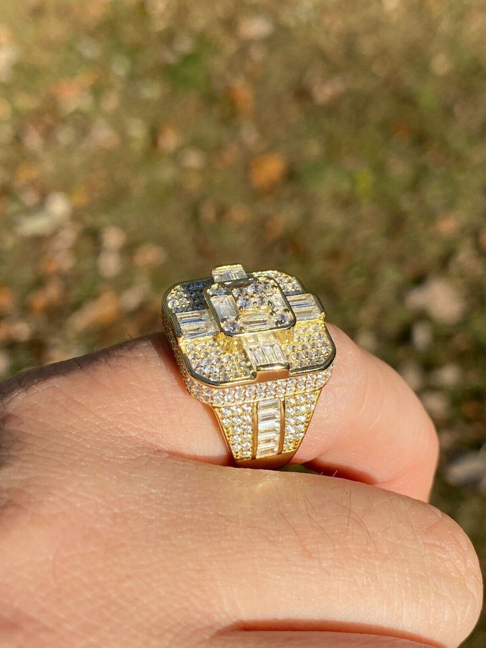 Italiano Silver, Inc 14k Gold Over Real Solid 925 Silver Mens Baguette Diamond Cross Ring Hip Hop