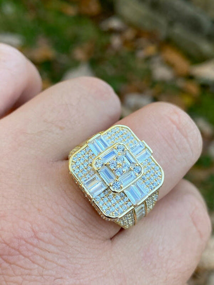 Italiano Silver, Inc 14k Gold Over Real Solid 925 Silver Mens Baguette Diamond Cross Ring Hip Hop