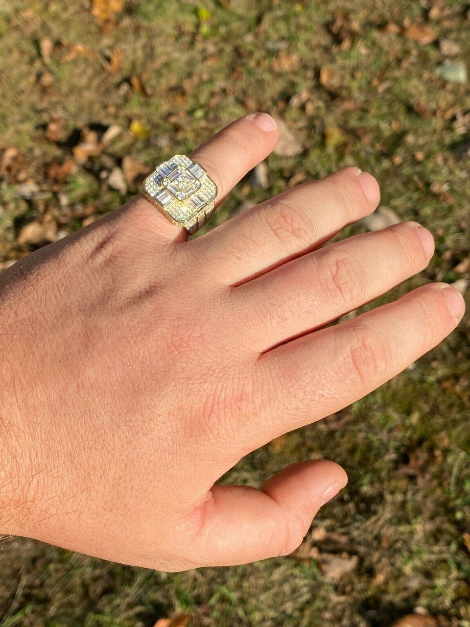 Italiano Silver, Inc 14k Gold Over Real Solid 925 Silver Mens Baguette Diamond Cross Ring Hip Hop