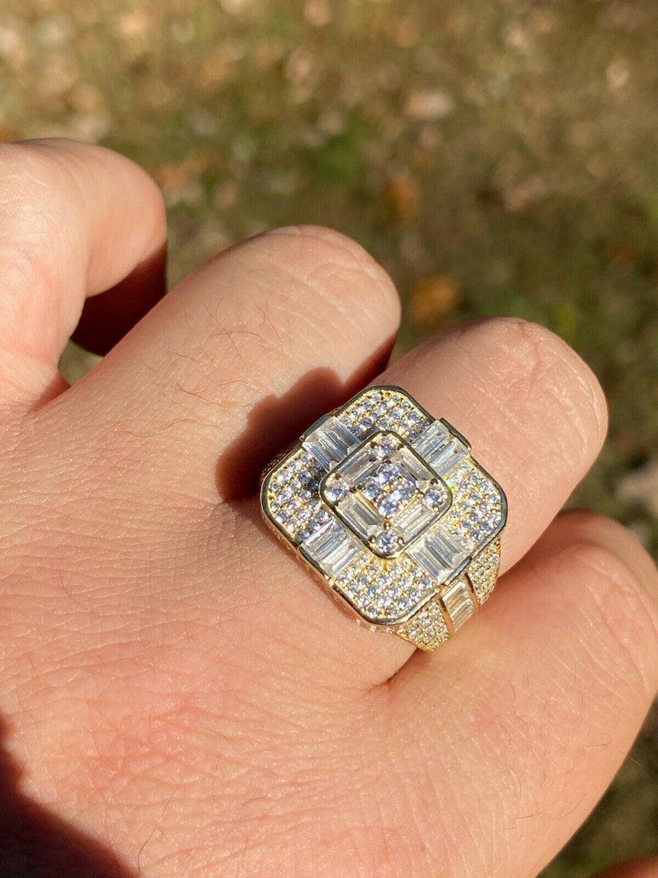 Italiano Silver, Inc 14k Gold Over Real Solid 925 Silver Mens Baguette Diamond Cross Ring Hip Hop