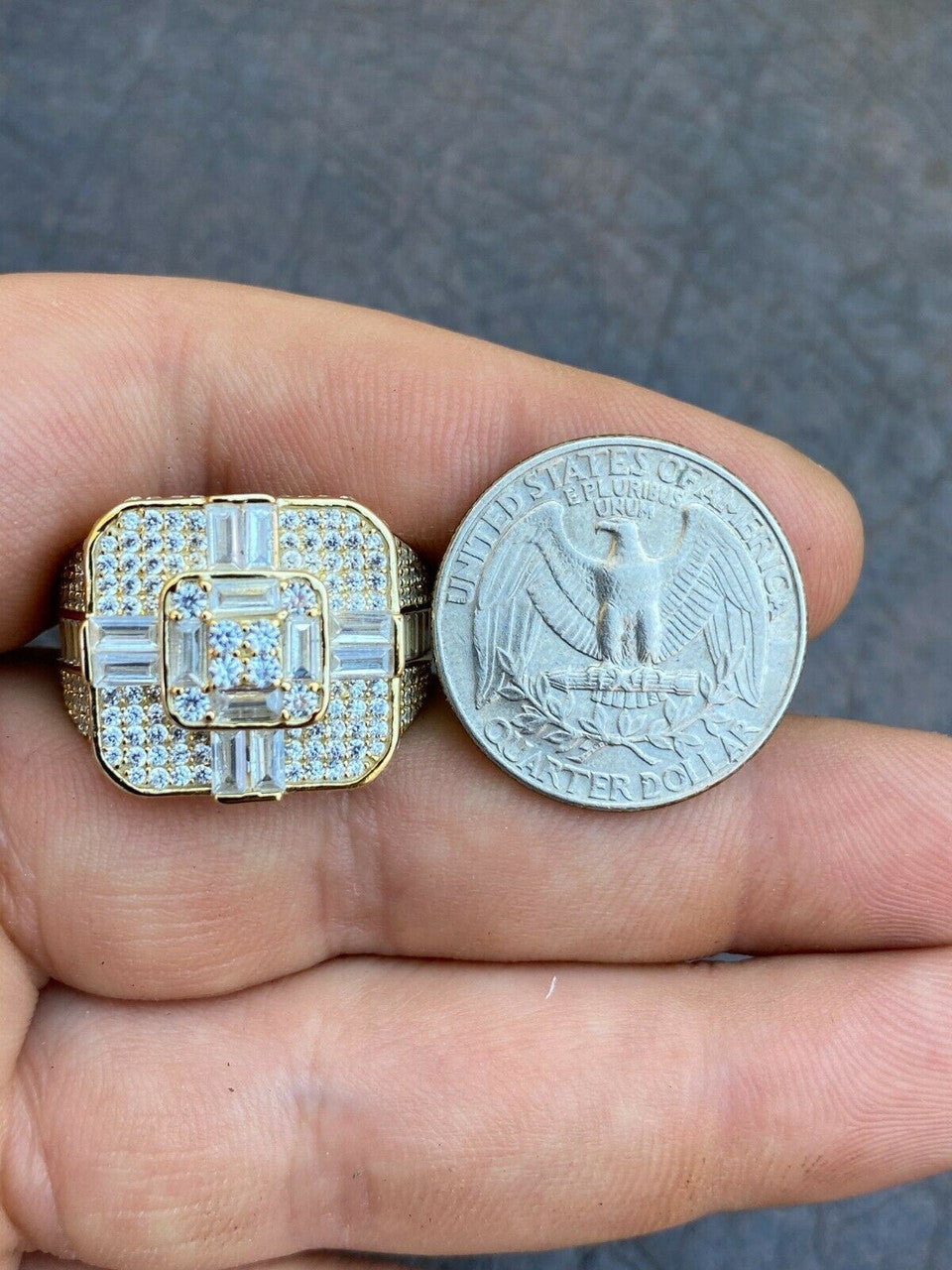 Italiano Silver, Inc 14k Gold Over Real Solid 925 Silver Mens Baguette Diamond Cross Ring Hip Hop