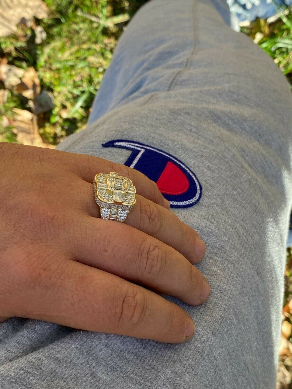 Italiano Silver, Inc 14k Gold Over Real Solid 925 Silver Mens Baguette Diamond Cross Ring Hip Hop