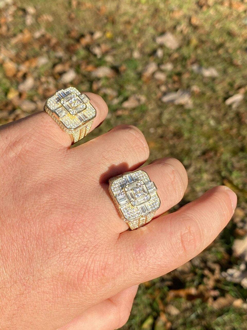 Italiano Silver, Inc 14k Gold Over Real Solid 925 Silver Mens Baguette Diamond Cross Ring Hip Hop