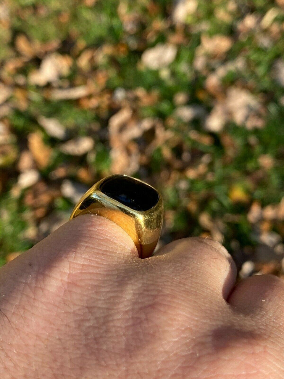 14k Gold Over Real Solid 925 Sterling Silver Black Onyx Stone Mens