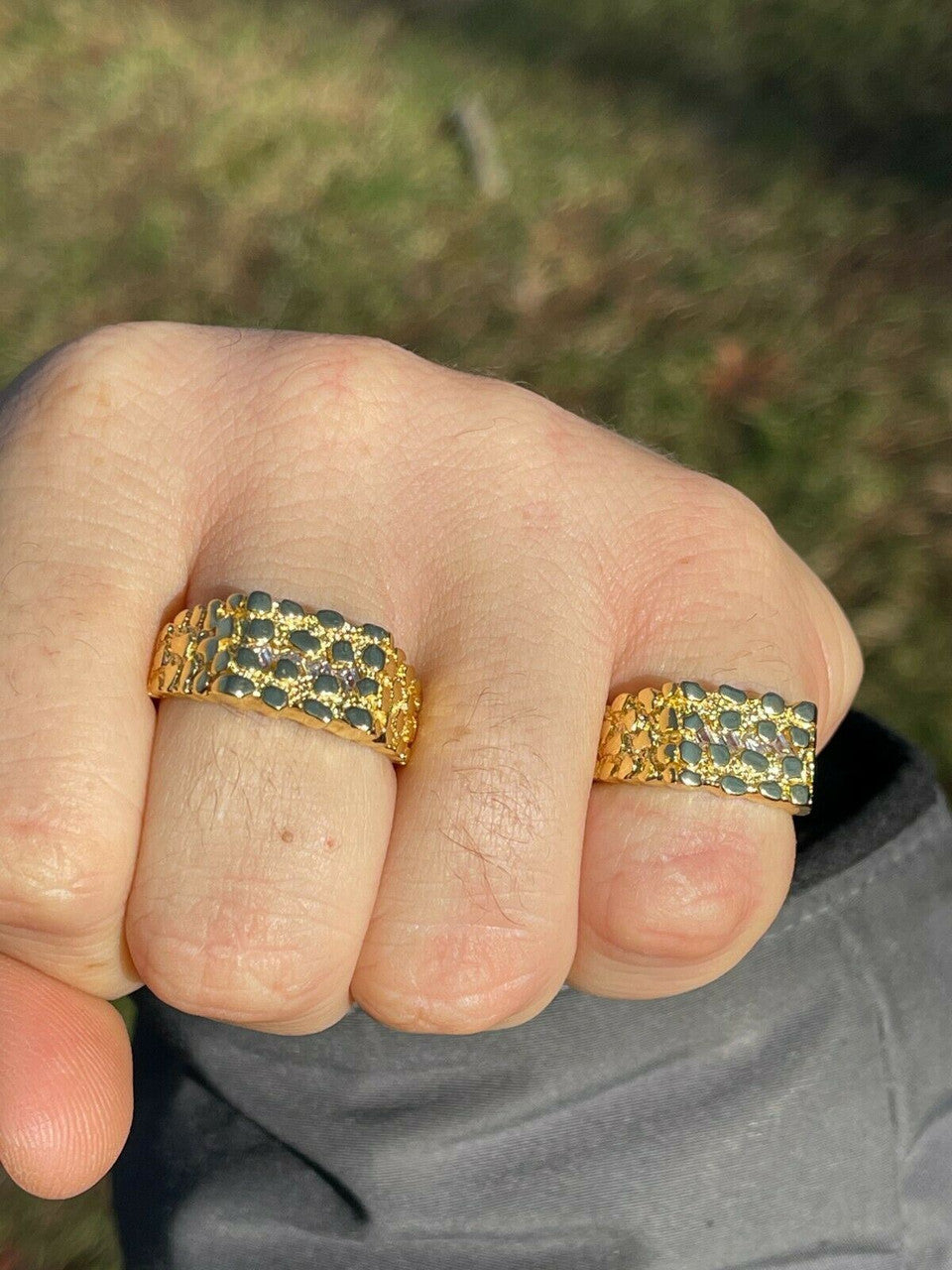 Italiano Silver, Inc 14k Gold Over REAL Solid 925 Sterling Silver Nugget Ring Iced Baguette Diamonds