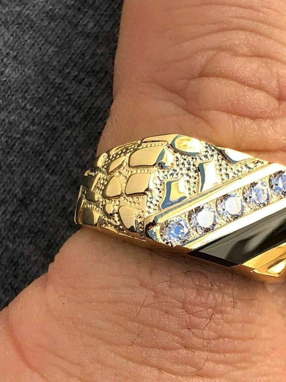 Italiano Silver, Inc 14k Gold Plated 925 Silver Nugget Black Onyx Iced Simulated Diamond Ring Hip Hop