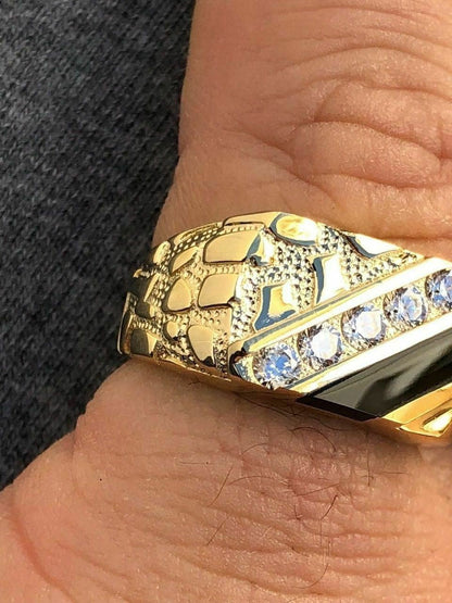 Italiano Silver, Inc 14k Gold Plated 925 Silver Nugget Black Onyx Iced Simulated Diamond Ring Hip Hop