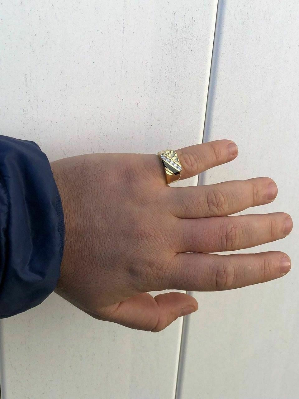 Italiano Silver, Inc 14k Gold Plated 925 Silver Nugget Black Onyx Iced Simulated Diamond Ring Hip Hop