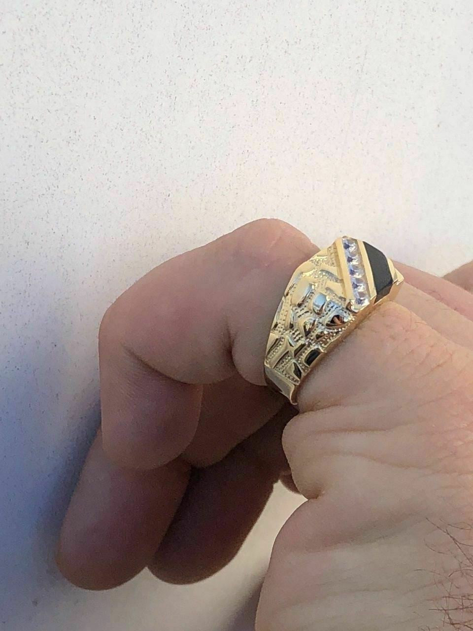 Italiano Silver, Inc 14k Gold Plated 925 Silver Nugget Black Onyx Iced Simulated Diamond Ring Hip Hop