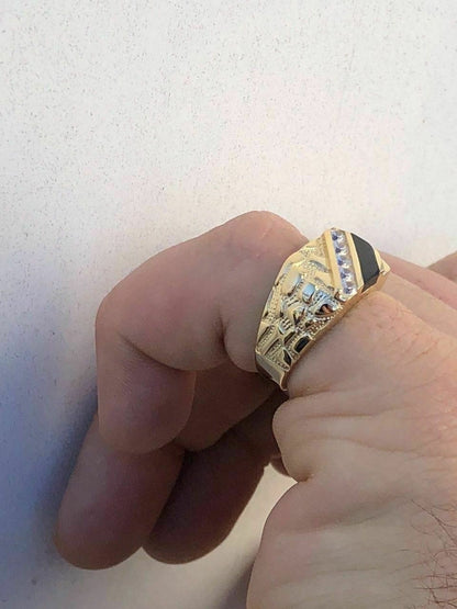 Italiano Silver, Inc 14k Gold Plated 925 Silver Nugget Black Onyx Iced Simulated Diamond Ring Hip Hop