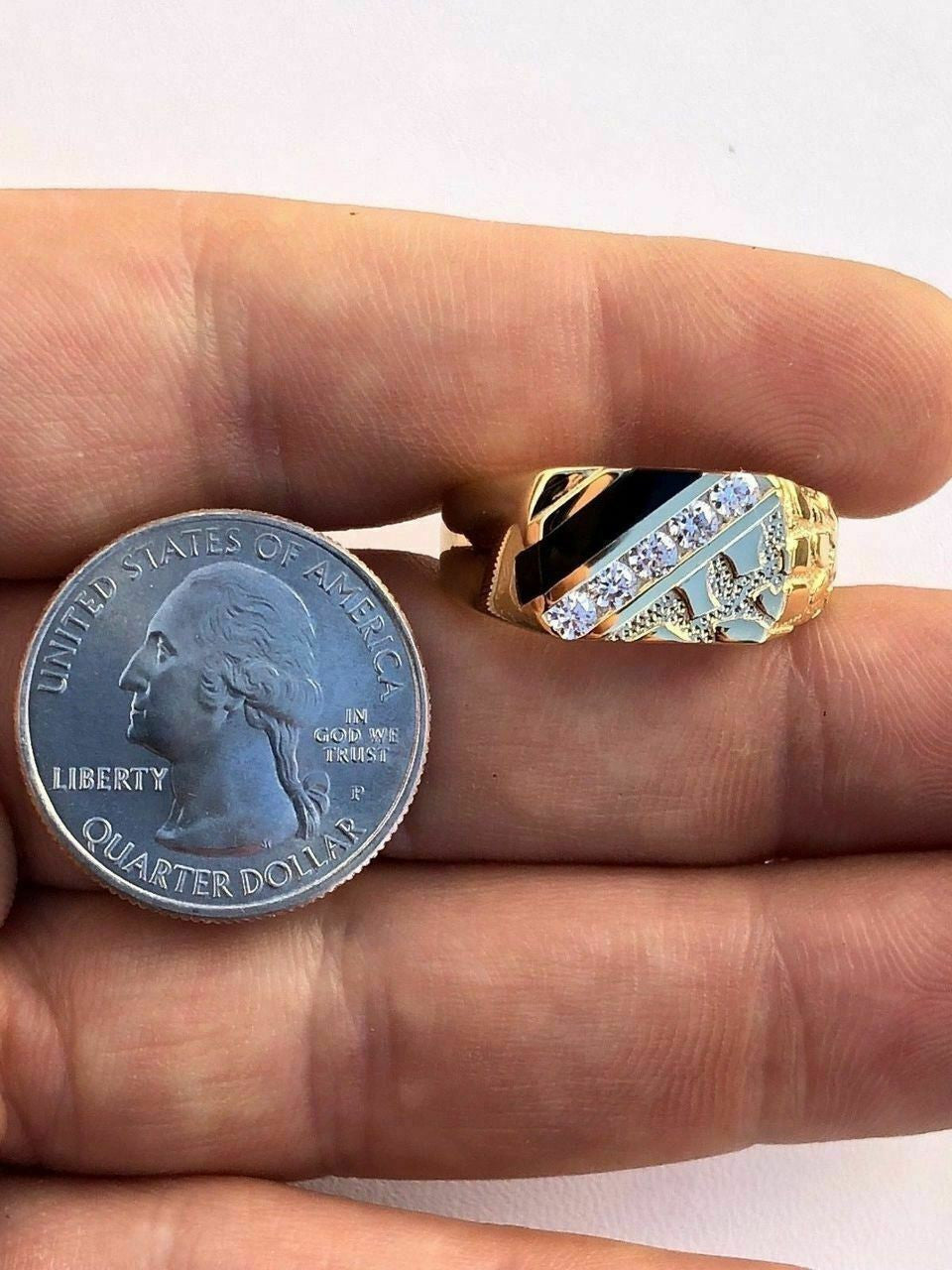 Italiano Silver, Inc 14k Gold Plated 925 Silver Nugget Black Onyx Iced Simulated Diamond Ring Hip Hop