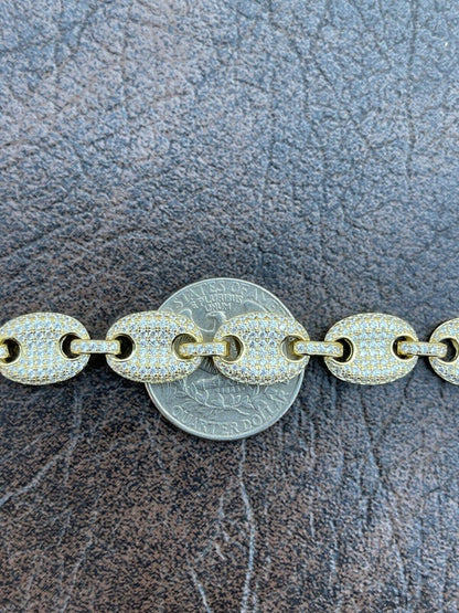 Italiano Silver, Inc 14k Gold Real 925 Sterling Silver Mens Iced Puffed Gucci Link Bracelet Diamond