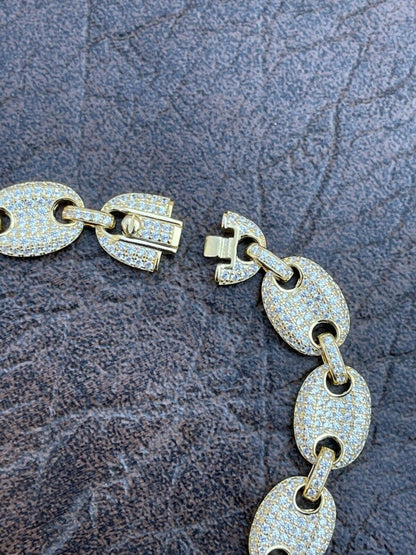 Italiano Silver, Inc 14k Gold Real 925 Sterling Silver Mens Iced Puffed Gucci Link Bracelet Diamond