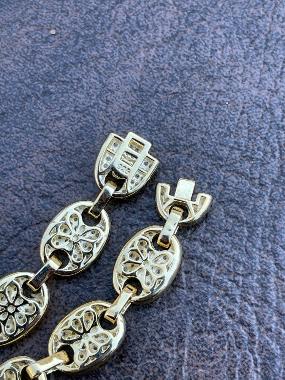 Italiano Silver, Inc 14k Gold Real 925 Sterling Silver Mens Iced Puffed Gucci Link Bracelet Diamond