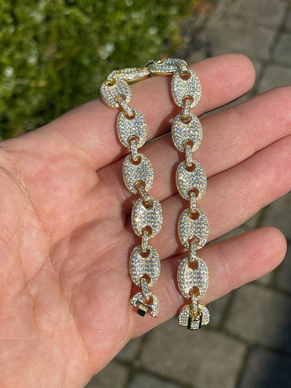 Italiano Silver, Inc 14k Gold Real 925 Sterling Silver Mens Iced Puffed Gucci Link Bracelet Diamond