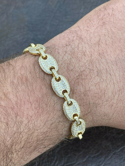 Italiano Silver, Inc 14k Gold Real 925 Sterling Silver Mens Iced Puffed Gucci Link Bracelet Diamond