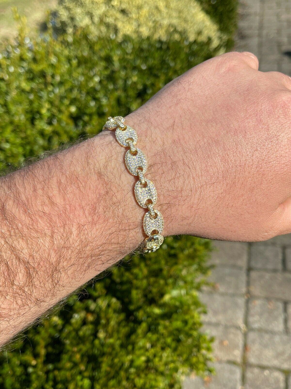 Italiano Silver, Inc 14k Gold Real 925 Sterling Silver Mens Iced Puffed Gucci Link Bracelet Diamond