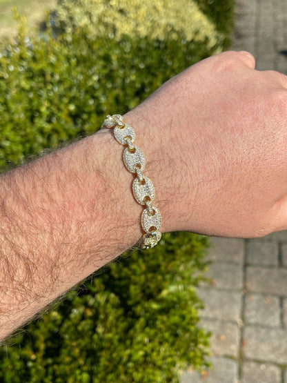 Italiano Silver, Inc 14k Gold Real 925 Sterling Silver Mens Iced Puffed Gucci Link Bracelet Diamond