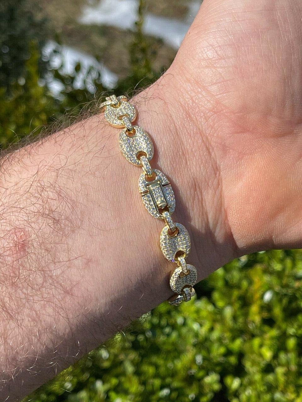 Italiano Silver, Inc 14k Gold Real 925 Sterling Silver Mens Iced Puffed Gucci Link Bracelet Diamond