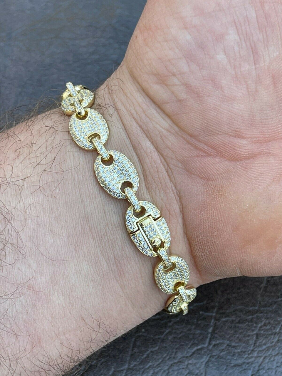 Italiano Silver, Inc 14k Gold Real 925 Sterling Silver Mens Iced Puffed Gucci Link Bracelet Diamond