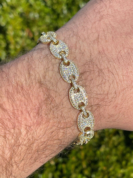 Italiano Silver, Inc 14k Gold Real 925 Sterling Silver Mens Iced Puffed Gucci Link Bracelet Diamond