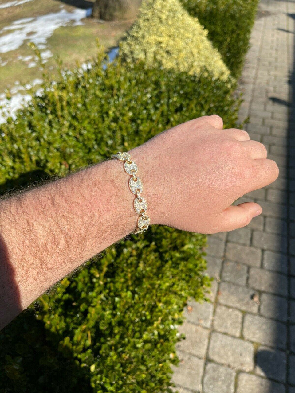 Italiano Silver, Inc 14k Gold Real 925 Sterling Silver Mens Iced Puffed Gucci Link Bracelet Diamond