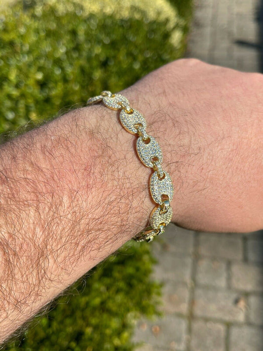 Italiano Silver, Inc 14k Gold Real 925 Sterling Silver Mens Iced Puffed Gucci Link Bracelet Diamond