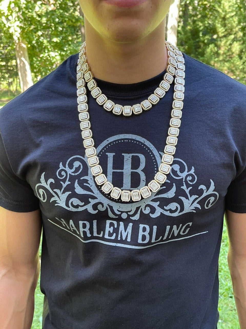 Italiano Silver, Inc 14k Gold Vermeil Real 925 Silver Baguette Chain 15mm Mens Iced Diamond Necklace