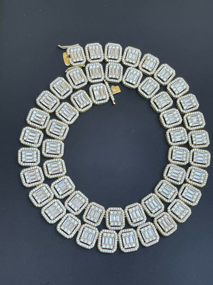 Italiano Silver, Inc 14k Gold Vermeil Real 925 Silver Baguette Chain 15mm Mens Iced Diamond Necklace