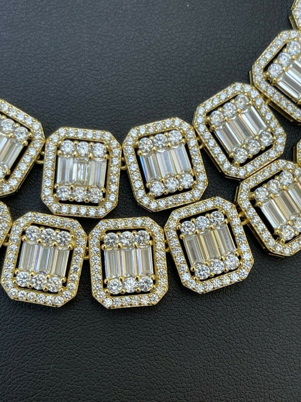 Italiano Silver, Inc 14k Gold Vermeil Real 925 Silver Baguette Chain 15mm Mens Iced Diamond Necklace