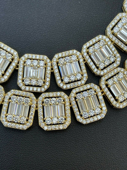 Italiano Silver, Inc 14k Gold Vermeil Real 925 Silver Baguette Chain 15mm Mens Iced Diamond Necklace