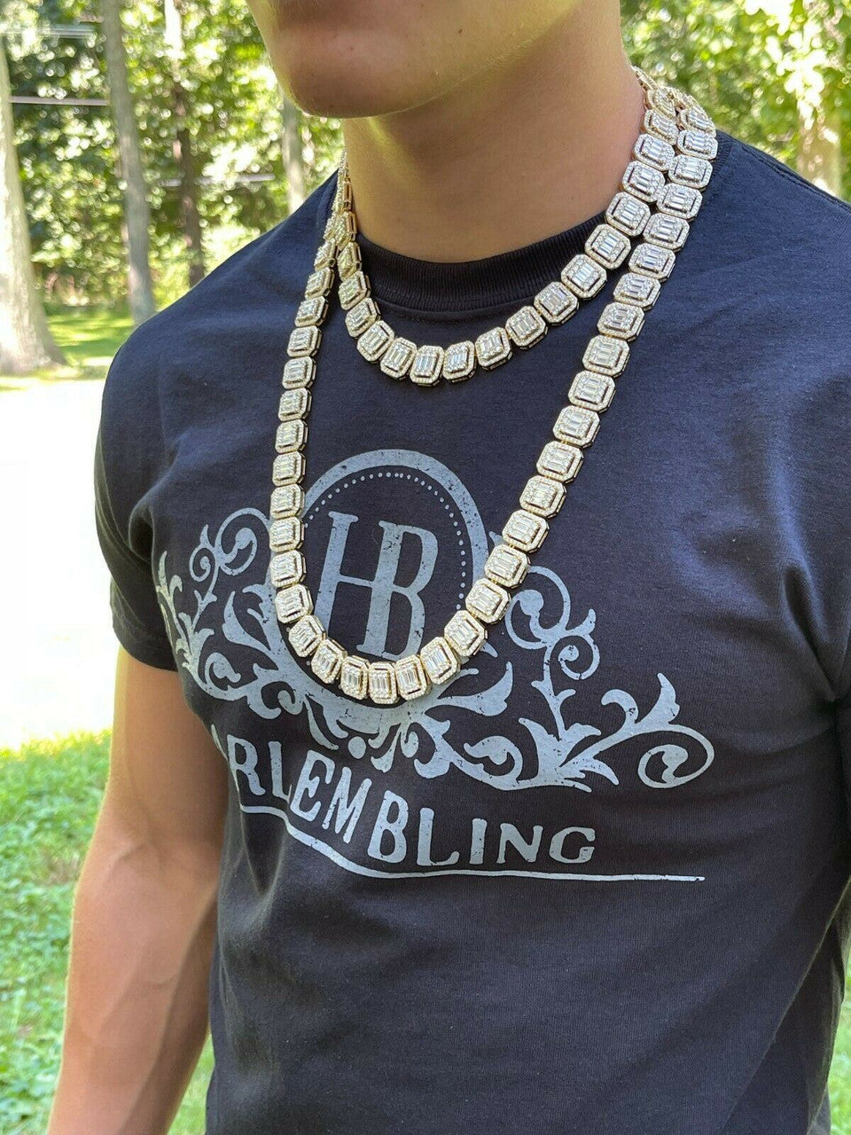 Italiano Silver, Inc 14k Gold Vermeil Real 925 Silver Baguette Chain 15mm Mens Iced Diamond Necklace