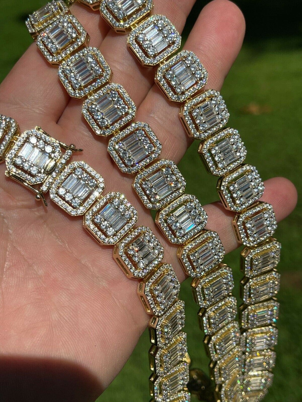 Italiano Silver, Inc 14k Gold Vermeil Real 925 Silver Baguette Chain 15mm Mens Iced Diamond Necklace