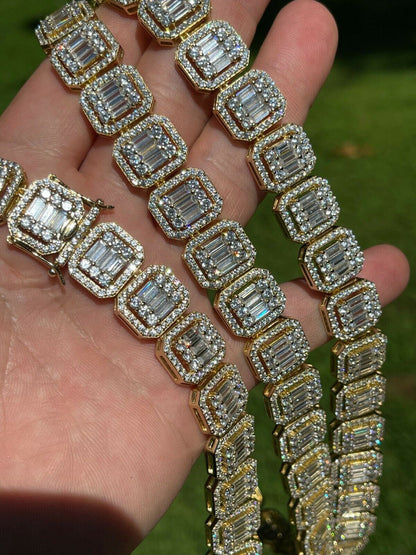 Italiano Silver, Inc 14k Gold Vermeil Real 925 Silver Baguette Chain 15mm Mens Iced Diamond Necklace