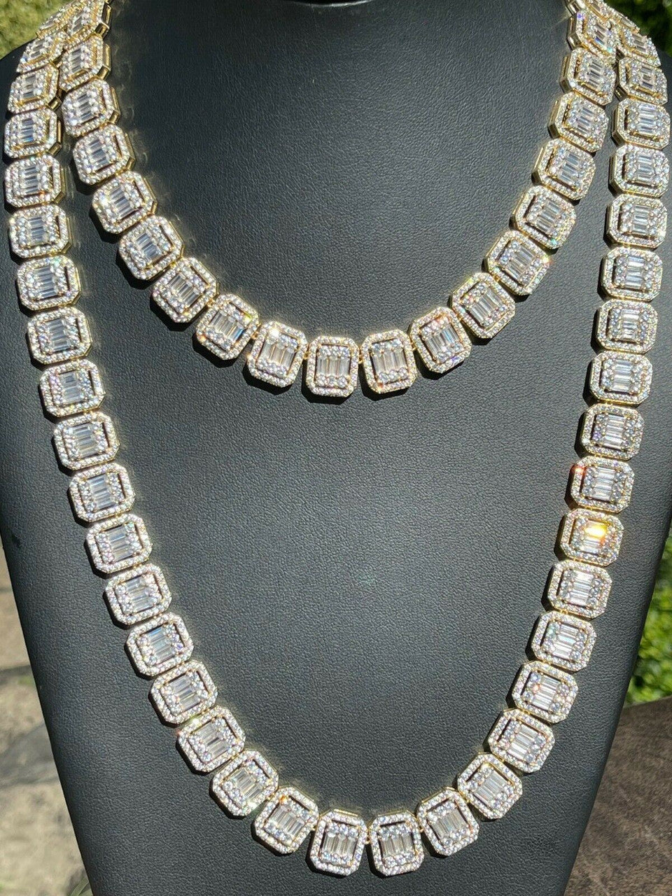 Italiano Silver, Inc 14k Gold Vermeil Real 925 Silver Baguette Chain 15mm Mens Iced Diamond Necklace