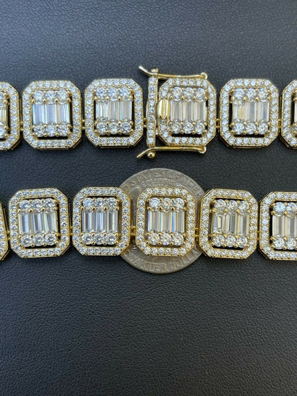 Italiano Silver, Inc 14k Gold Vermeil Real 925 Silver Baguette Chain 15mm Mens Iced Diamond Necklace