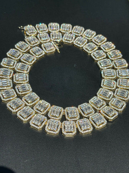 Italiano Silver, Inc 14k Gold Vermeil Real 925 Silver Baguette Chain 15mm Mens Iced Diamond Necklace