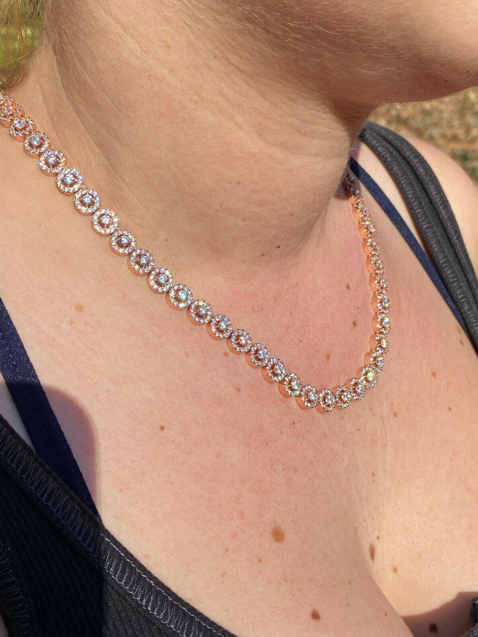 Italiano Silver, Inc 14k Rose Gold Solid 925 Silver Tennis Chain Real Iced Flooded Out Diamond Choker