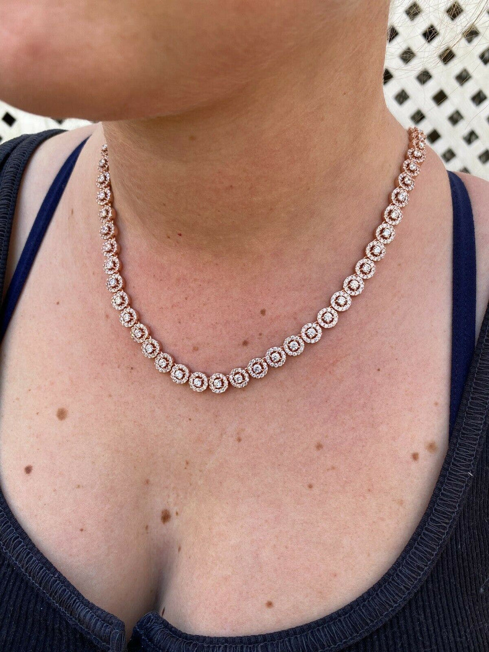 Italiano Silver, Inc 14k Rose Gold Solid 925 Silver Tennis Chain Real Iced Flooded Out Diamond Choker