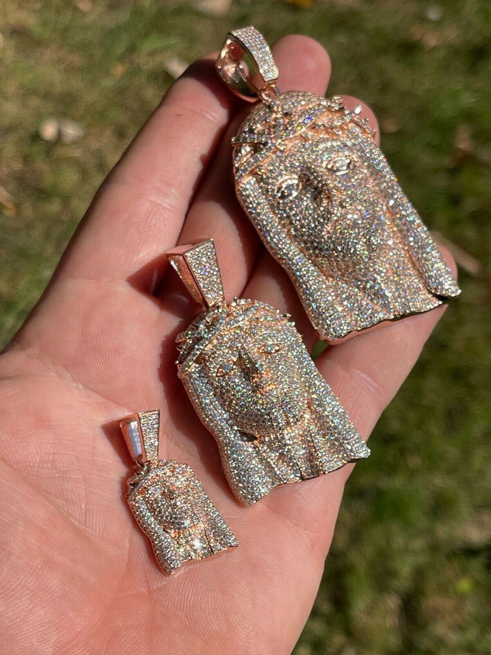 Italiano Silver, Inc 14k Rose Gold Vermeil Fully Iced MOISSANITE Jesus Piece Pendant Diamond Tester 