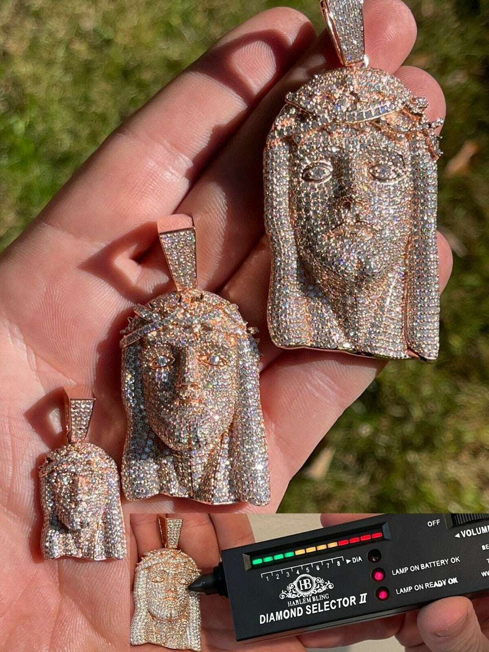 Italiano Silver, Inc 14k Rose Gold Vermeil Fully Iced MOISSANITE Jesus Piece Pendant Diamond Tester 