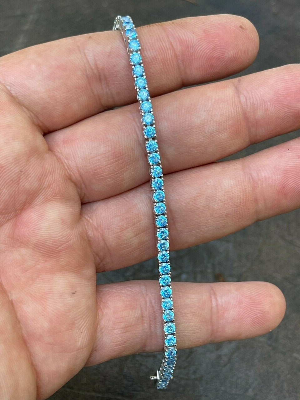 Italiano Silver, Inc 3mm Tennis Bracelet Real 925 Sterling Silver Aquamarine Blue Sapphire Diamond